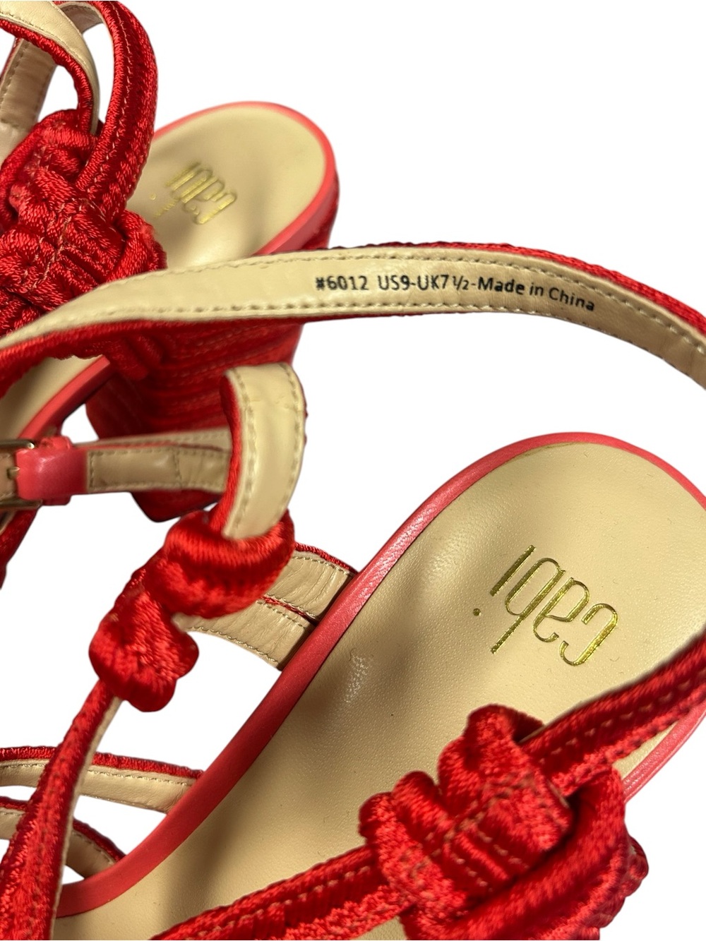 CAbi Tiptoe Sandals Sz 9 M Red Ankle Strap Block Heel Open Toe Knot - Picture 5 of 11